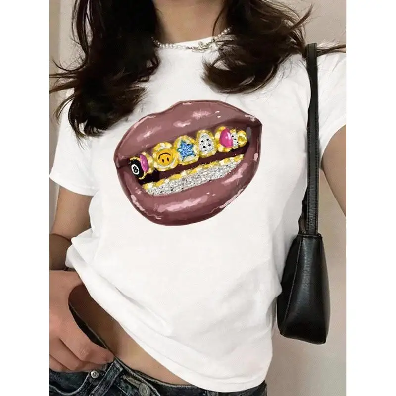 

Women's Funky Grillz Lips T-Shirt Hip Hop Streetwear Y2K Graphic Tee Fashion Summer Cotton Top Rapper Style Gift