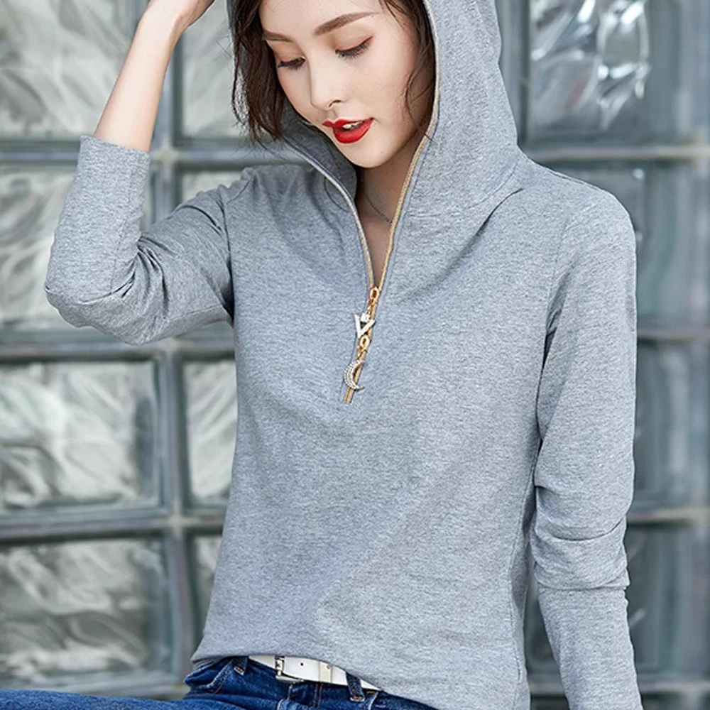 Women\'s 2024 new spring and autumn long sleeved hooded rose red top women\'s plus size t-shirt thin cut hooded zip chain trendy