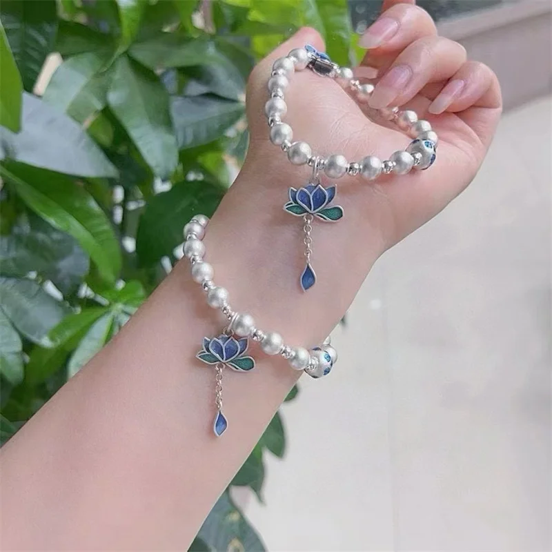 

Cloisonne Butterfly Love Flower Pure Silver 925 Bracelet, Original Design Ancient Bead High end Men's and Women's Bracelet