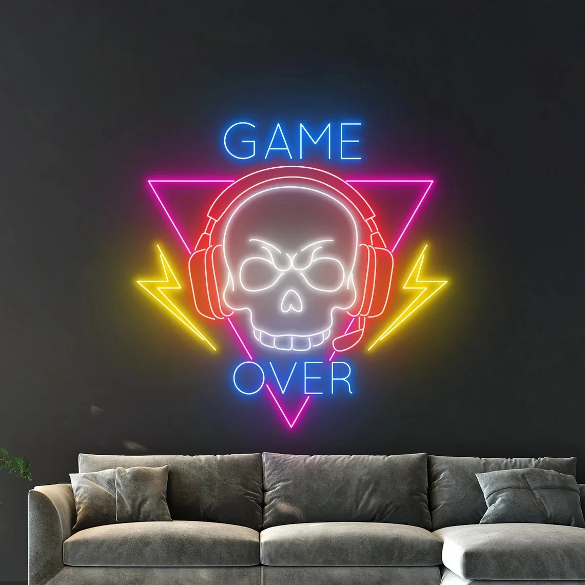 Game Over Neon Sign Skull Headphone Neon Sign Game Room Wall Decor