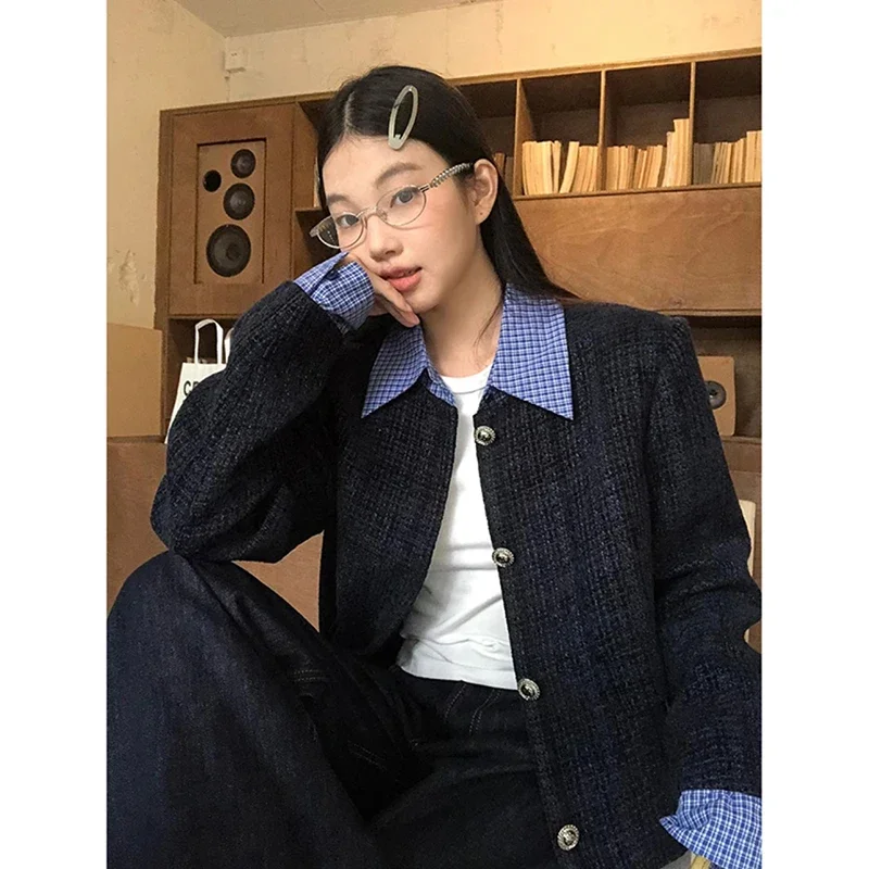 Korean Retro Striped Woolen Coat Women Streetwear Flap Patchwork Long Sleeve Female Jacket Autumn Casual Warm New Outerwear Tops