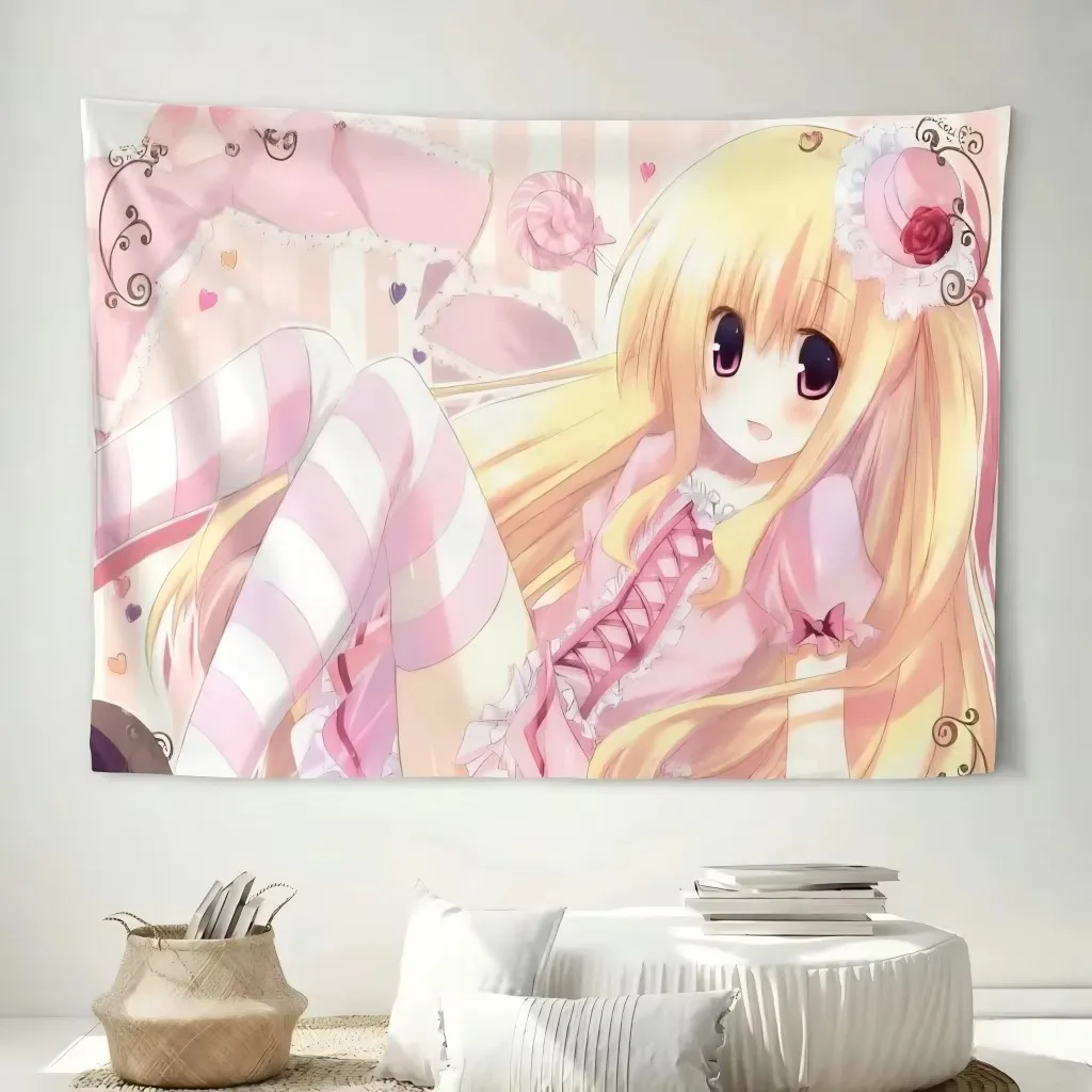 Lolita Kawaii Anime Girl Pastel Tapestry, Pink Aesthetic Wall Hanging for Bedroom Dorm Living Room Room Decoration Items Gift