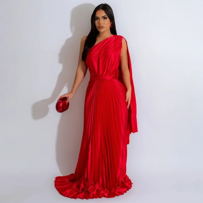 

GUWU Women One Shoulder Ruched Stacked Pleated Maxi Long Dress 2025 Summer Vacation Holiday Sexy Birthday Party Dresses