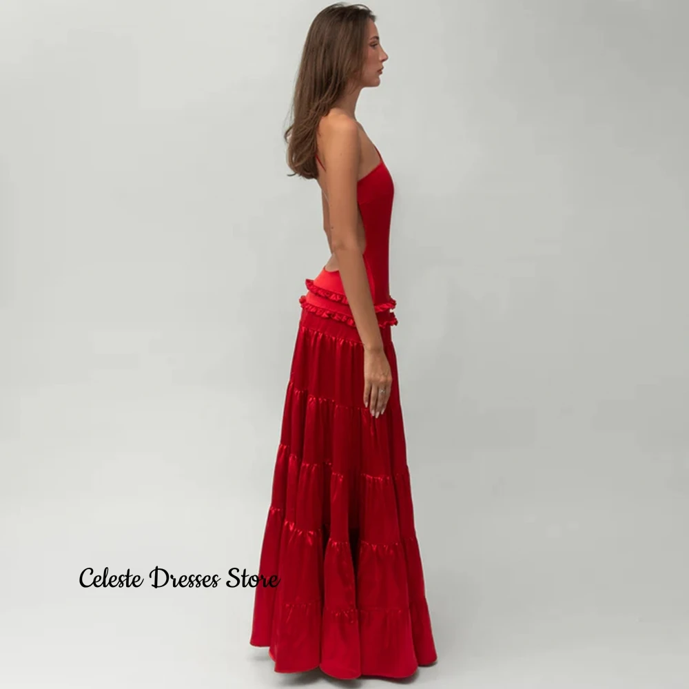 Simple Red A-Line Customized Evening Dresses One Shoulder Sleeveless Homecoming Dresses Sexy Open Back Special Occasion Gowns image 4