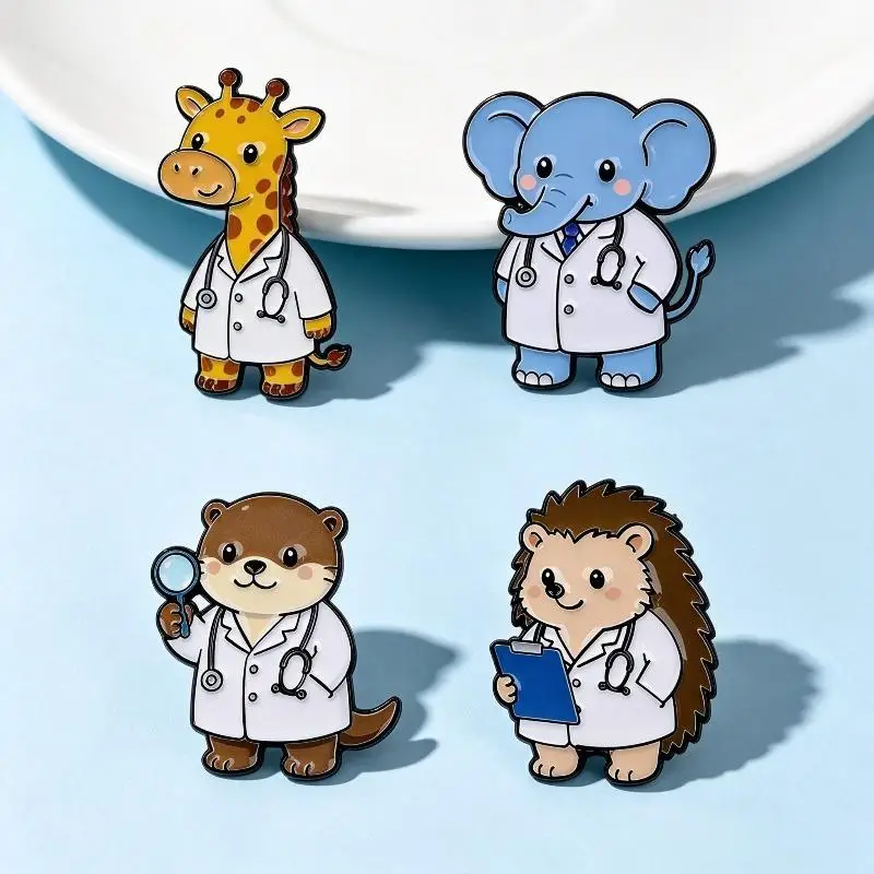 § 1/4Pcs Cute Elephant Giraffe Otter Brooch Lapel Cartoon Animal Doctor Enamel Pin For Backpack Hat Badges Jewelry Nurse Gifts