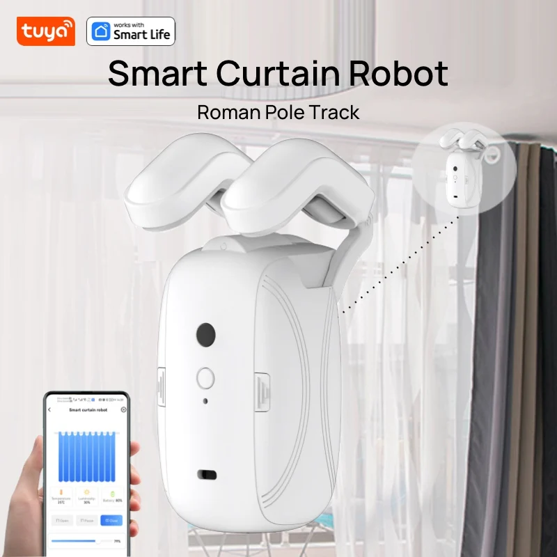 Tuya Smart Curtain Robot Roman Rod Track APP Short-range Control, hand-pull start, light/temperature sensitive closing