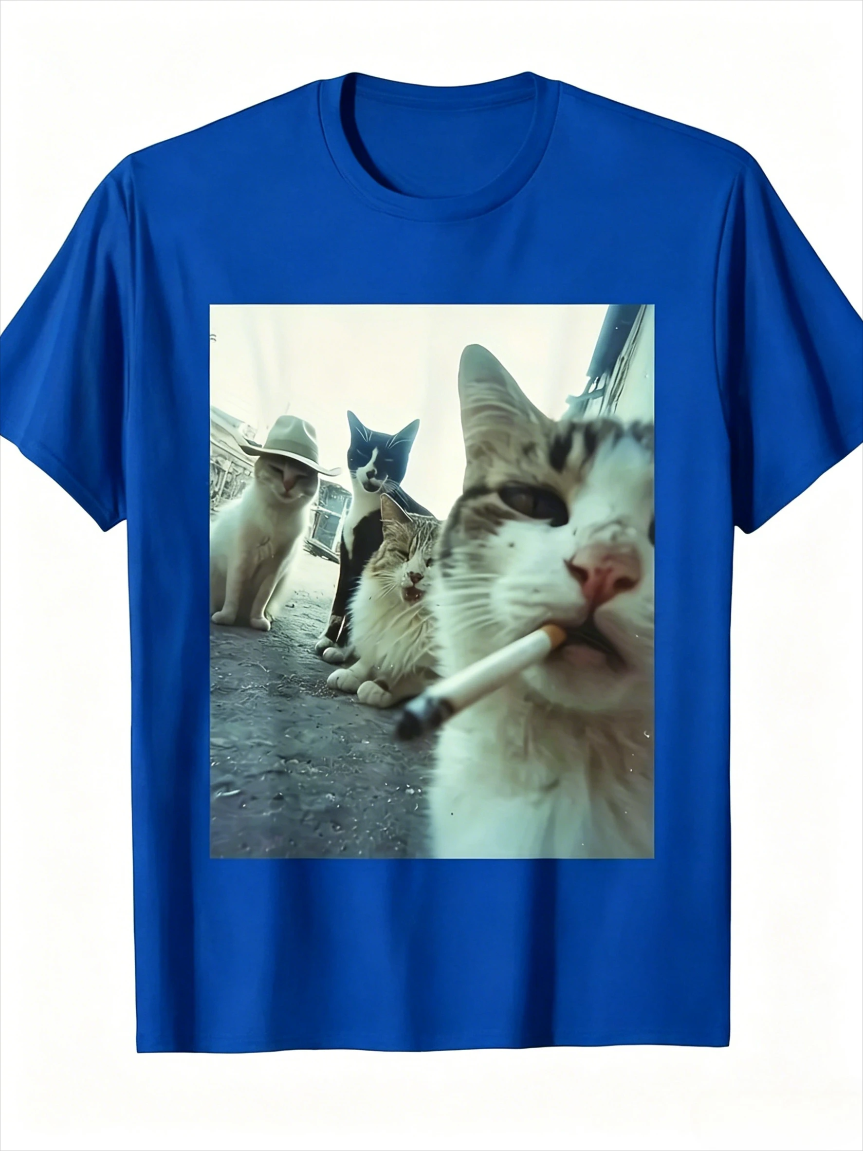 Gangster Cool Cats Selfie Retro Film Print T-Shirt Lustiges rauchendes Kätzchen Haustier Unisex Casual Streetwear Kurzarm-Grafik-T-Shirt – Detail 5