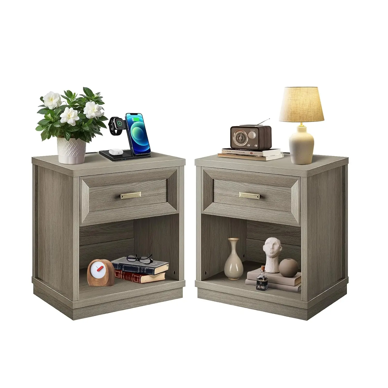 Nightstand Set Of 2 With Charging Station Drawer & Open Shelf 24 Inch Wooden Bedside Table For Bedroom Dorm Office, Customized