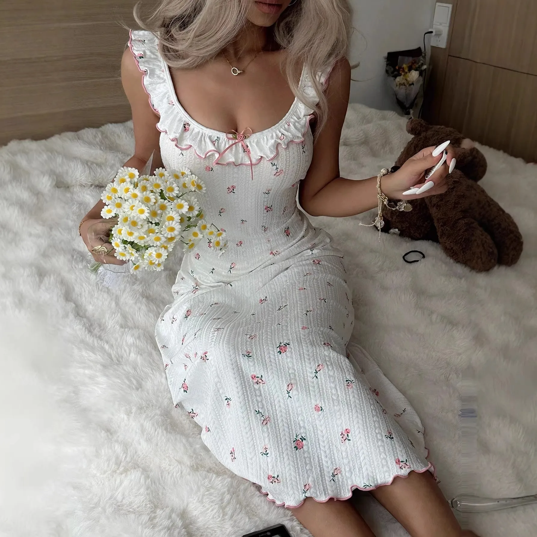 Women's Ruffle Trim Spaghetti Strap Midi Dress, Ditsy Pink Floral Print Textured Knit Bodycon Dress