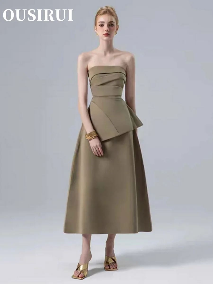 OUSIRUI Sleeveless Pleated High Waist Khaki Elegant Party Dresses Women's Fashion Dress Strapless Design Summer 2024