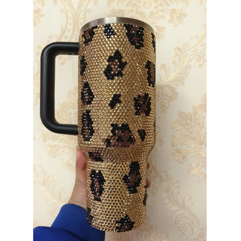 Hand-applied Leopard Rhinestone Tumbler Personalized Crystal Cup for Bridesmaids Insulated Stainless Steel Glitter Travel Mug