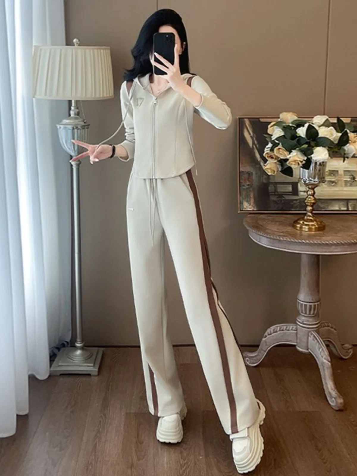 

Women's Casual Sportswear Set Wide Leg Pants Hooded Jacket Color Block Two Piece Suit Spring Autumn Trendy Outfit