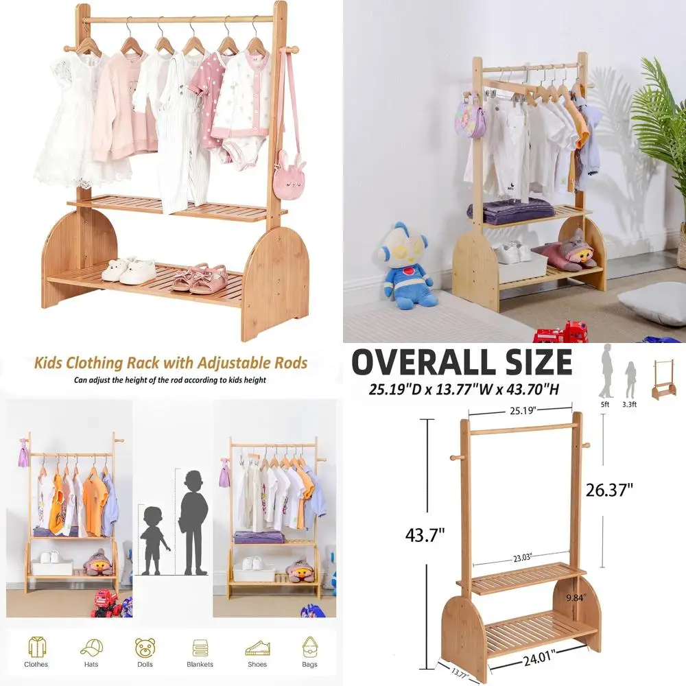 

Регулируемая детская вешалка для одежды с 2 нижними полками, натуральный деревянный детский шкаф-гардероб