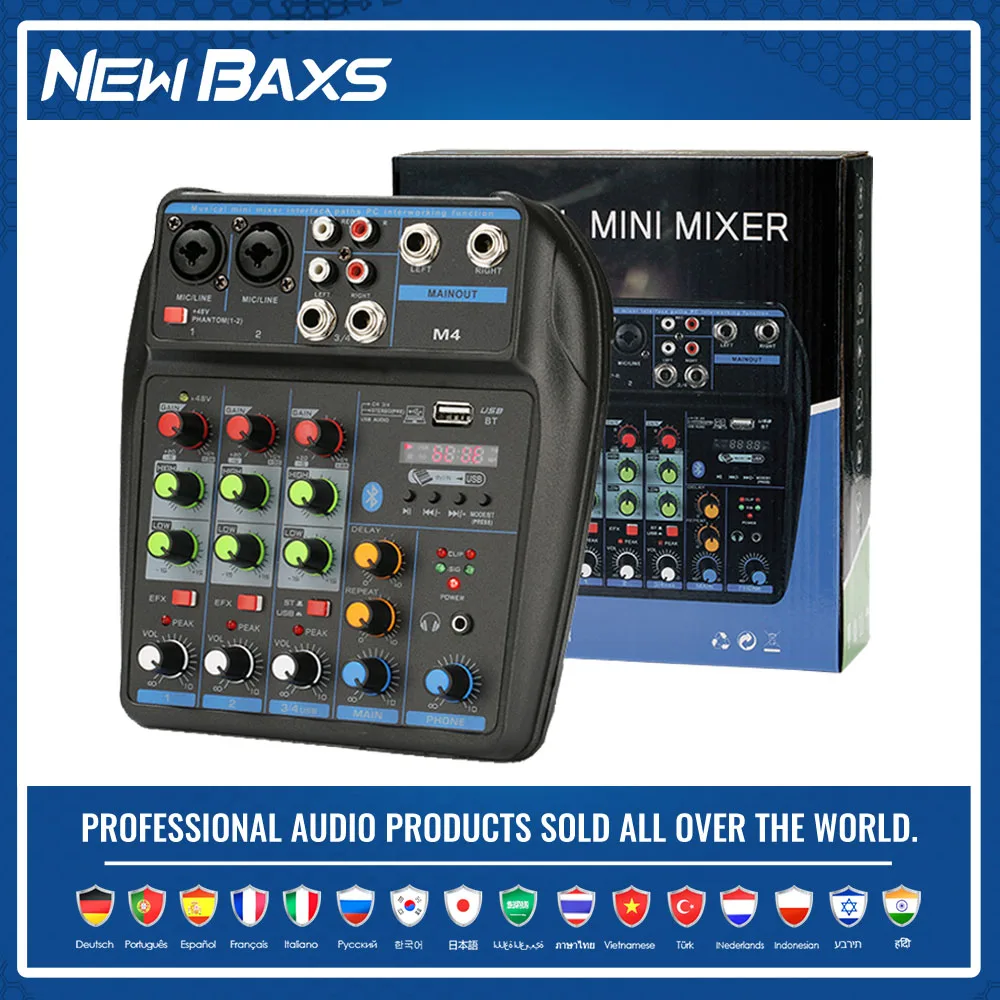 Audio Mixer M4 4 Channel Professional Mixing Console Bluetooth 48V Power Supply for Music Performance Recording Karaoke System