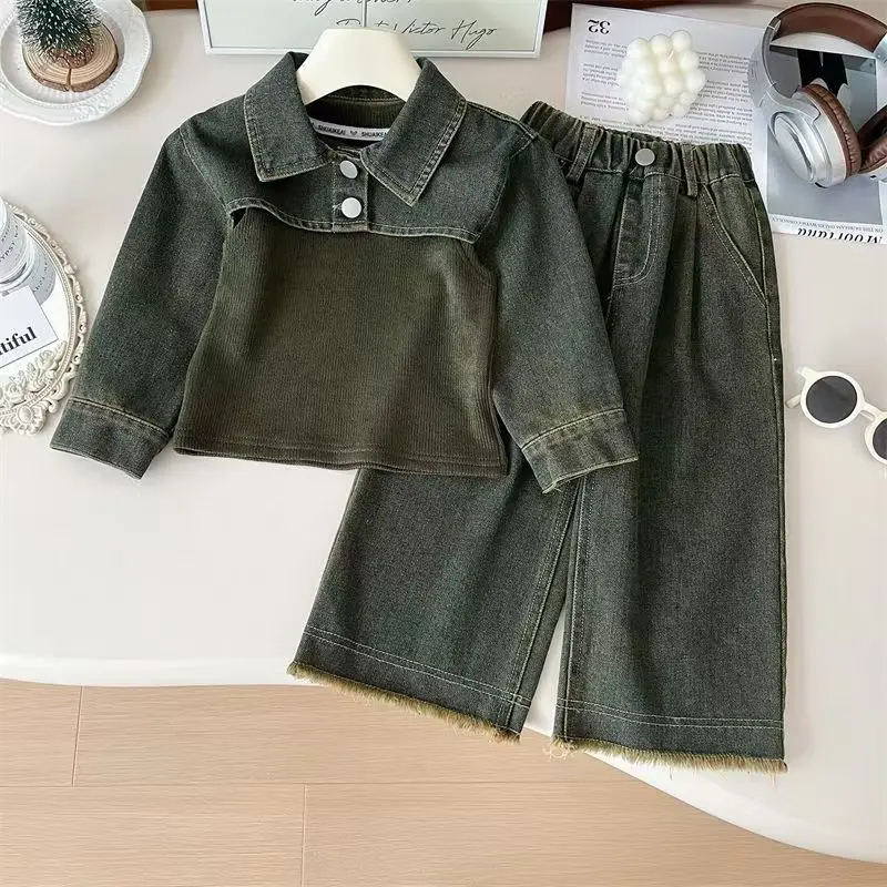 

Childrens Clothing Set 2025 Spring and Autumn New Korean Girls Long Sleeved Denim Jacket Vest Long Pants Three Piece Set