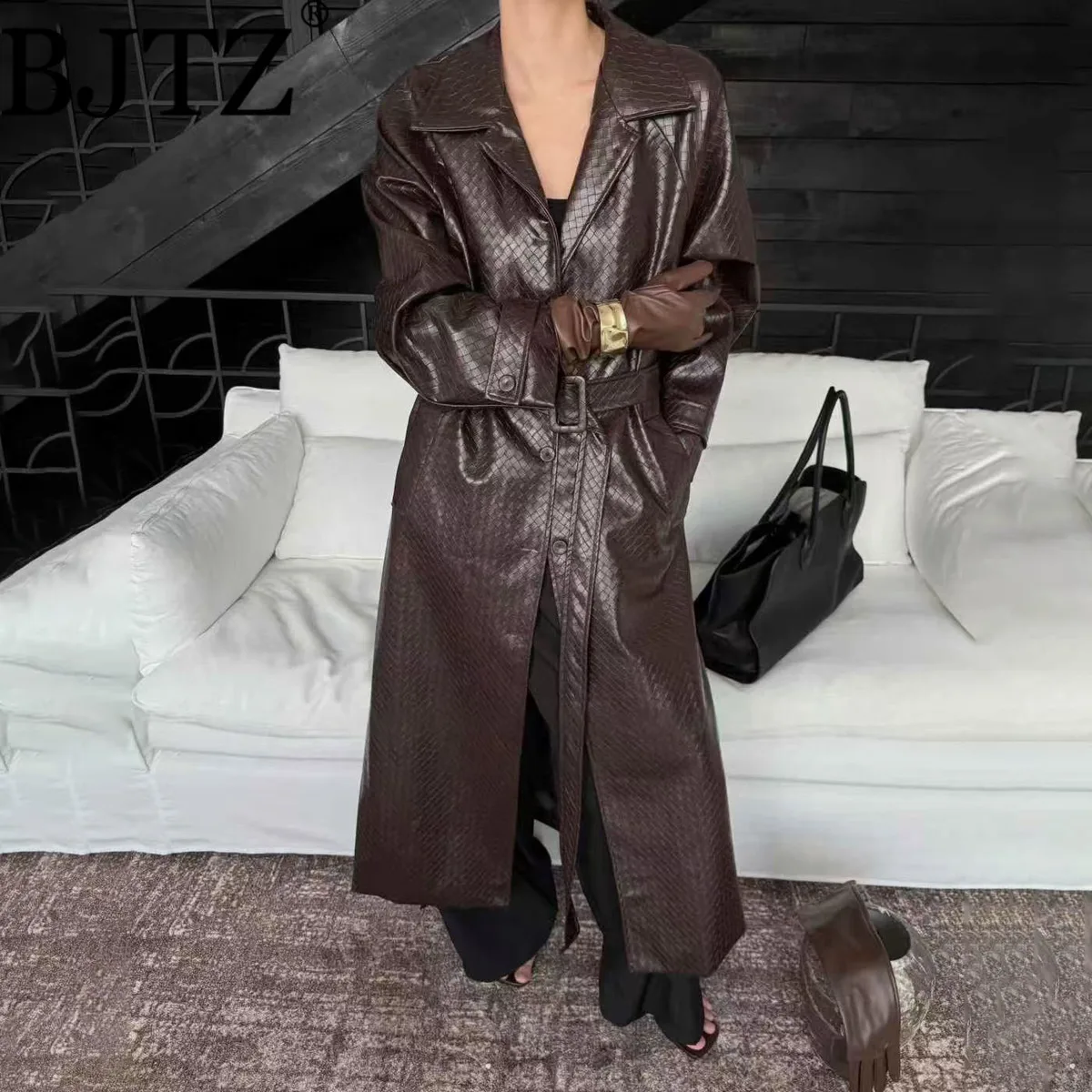 

BJTZ Temperament Fashion Designer PU Leather Trench Jacket For Woman 2025 New Trend Elegant Lapel Belted Tie-waist Outwear