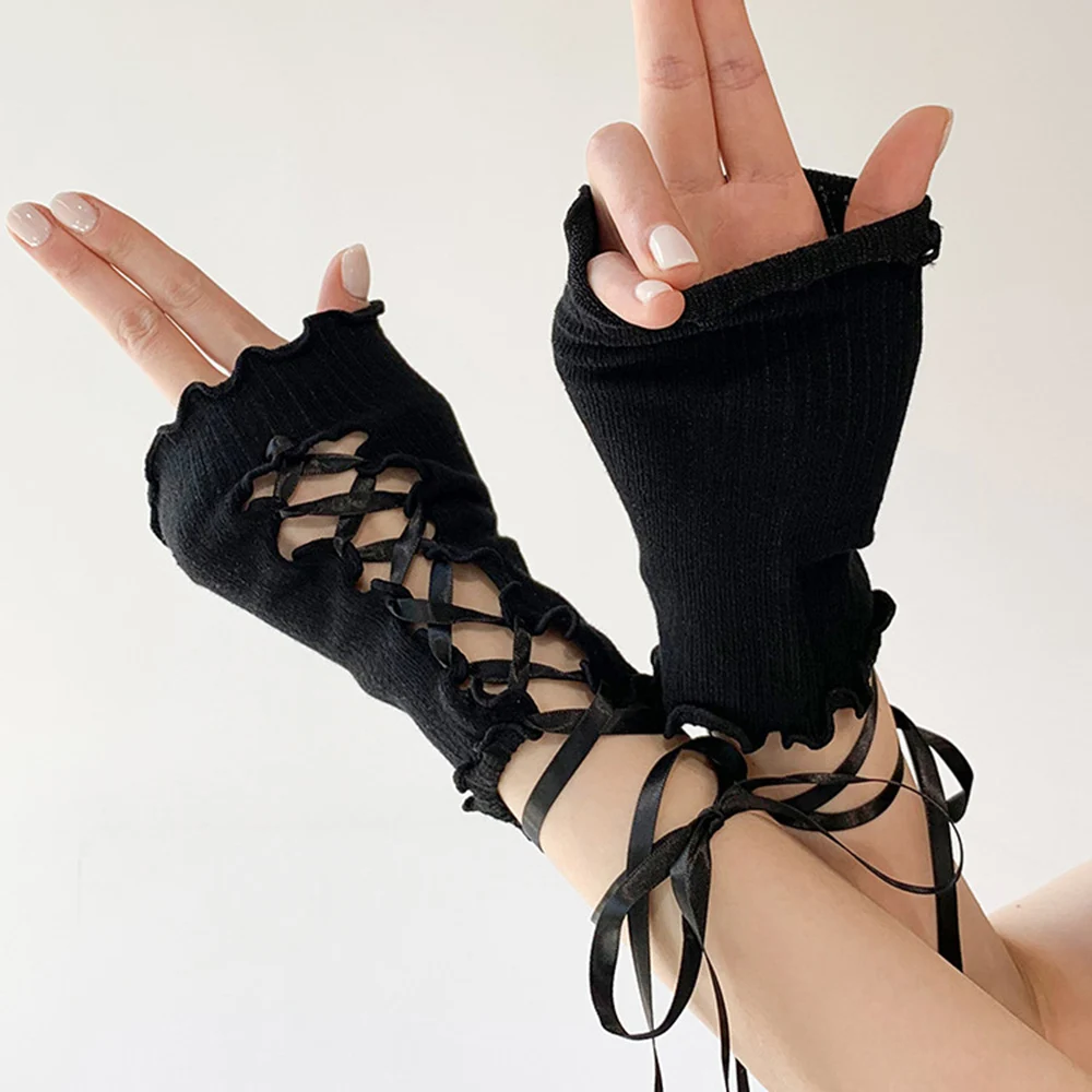 

Women Sexy Fishnet Lace Fingerless Gloves Black Gothic Lolita DIY Strapping Sunscreen Sleeve Oversleeve Elastic Mesh Punk Gloves