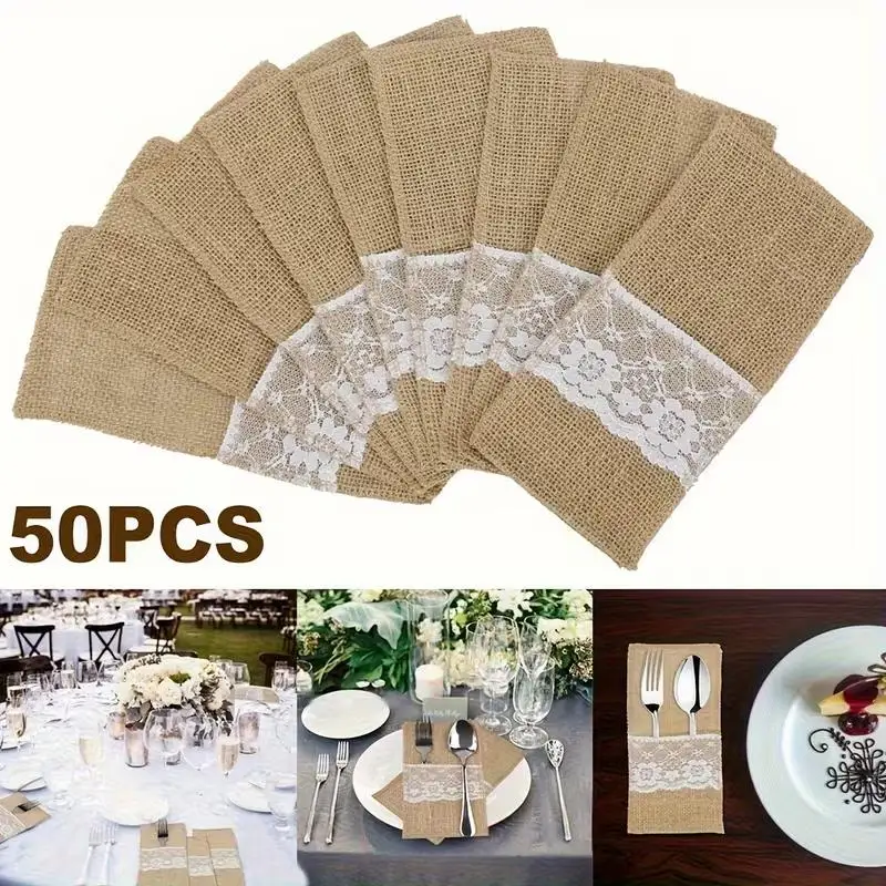 10-50 Stück Vintage-Jute-Besteckhalter für rustikale Hochzeitstischdekoration, Messer-Gabel-Servietten-Tasche, Weihnachts- und Geburtstagsparty-Dekoration