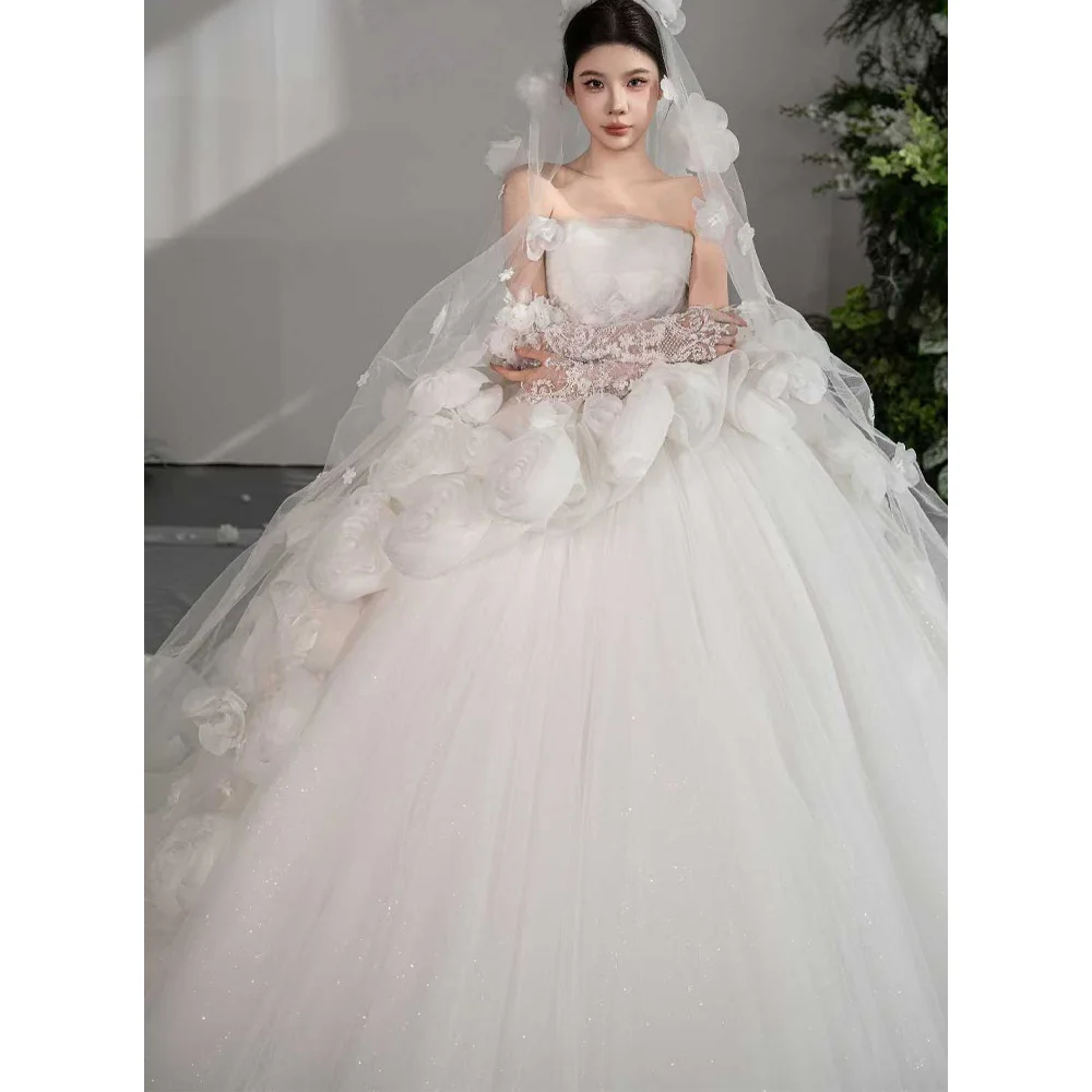 

Elegant Strapless Bridal Gown Lace-Up Back Embroidered 3D Flower Customizable Wedding Dress