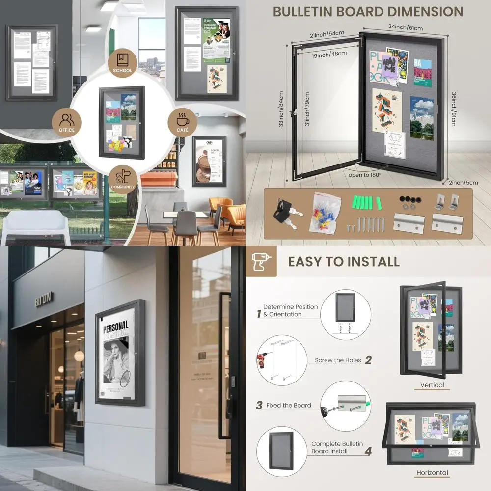 

Weatherproof Outdoor Bulletin Board, 36x24 Enclosed with Glass Door, Black Aluminum Frame, Lockable Noticeboard Cabinet