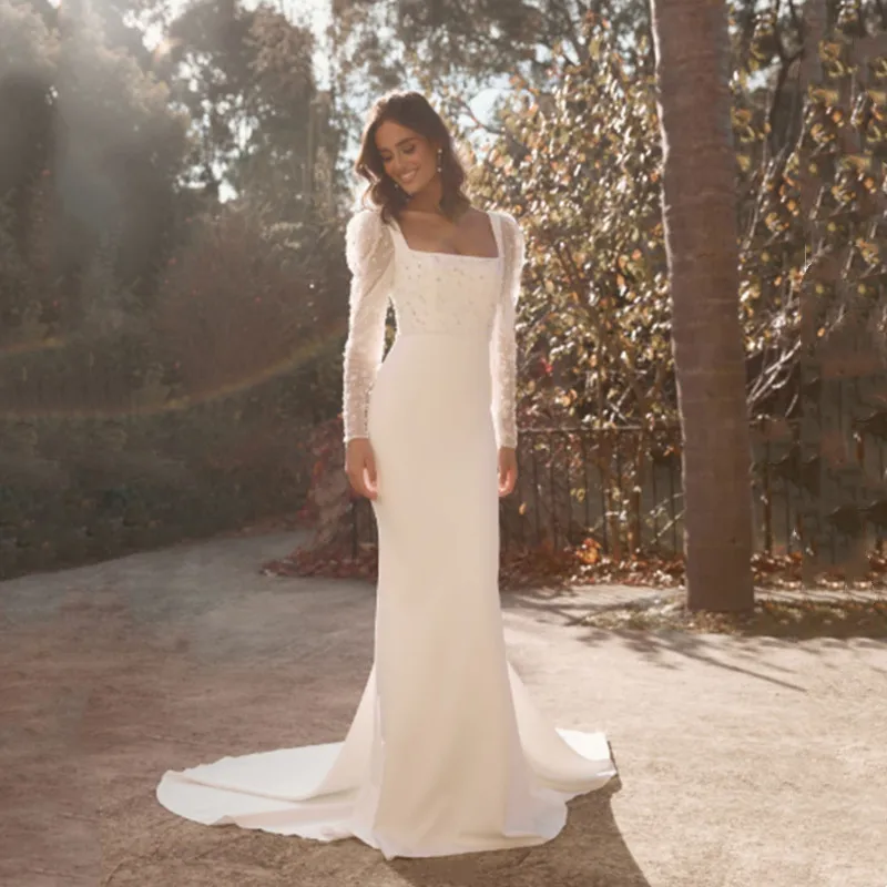 Boho Ivory Mermaid Wedding Dress For Woman Long Sleeves Square Collar Pleat Pearls Beaded Bride Dress Sexy Backless Court Gowns