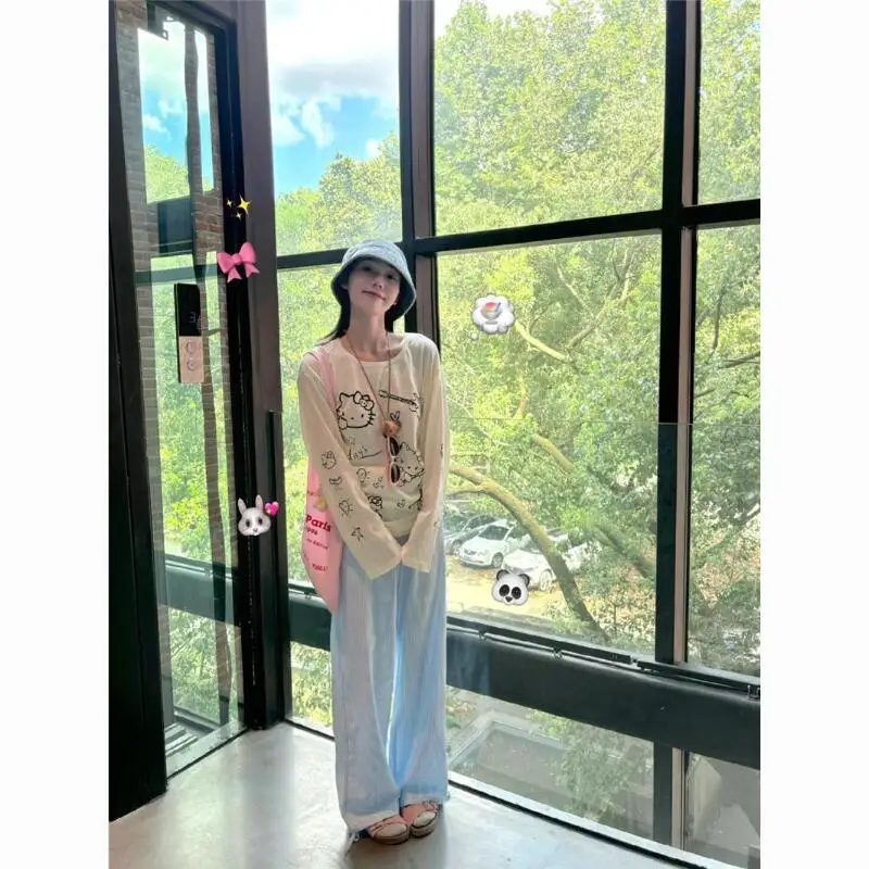 

Sanrio New Style Sunscreen Hello Kitty Cartoon T-Shirt Fashion Autumn Print Thin Cute Lazy Loose Round Neck Loose Long Sleeves