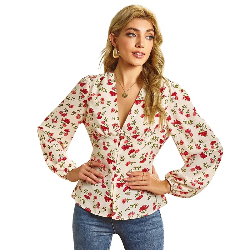 Women's Floral Blouse, Fashion Long-sleeved V-neck, Sweet, Elegant and Comfortable Blouse with Girls Vacation Casual Wear Spring