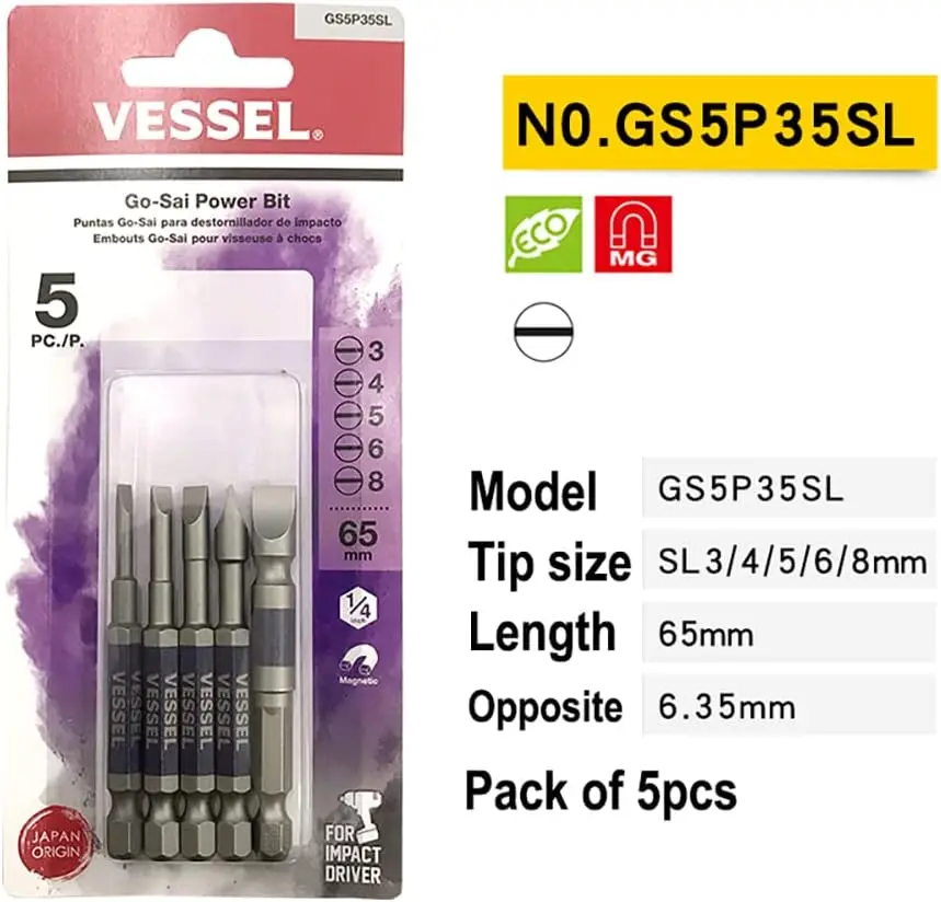 VESSEL 5Pcs Slotted Go-Sai Power Bits Set Opposite 6.35mm Tail Insertion Length 9mm for Impact Driver GS5P35SL Screwdriver Bit