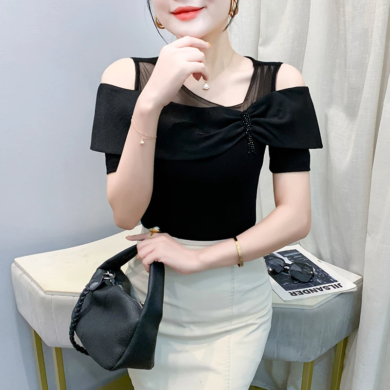 

New,Summer,European,Clothes,T-Shirt,Fashion,Sexy,Patchwork,Off,Shoulder,Shiny,Beading,Women,Tops,Short Sleeve,Hot,Tees,58042