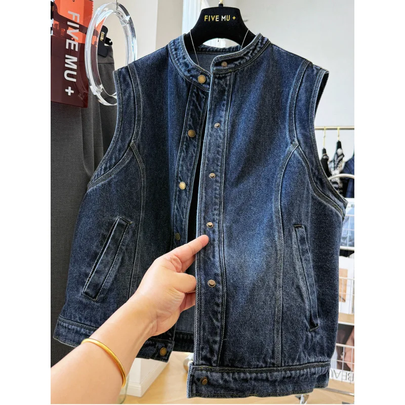 High-end Retro Small Stand-up Collar Denim Vest Women's Spring Autumn Jackets New Ladies Buttons Waistcoat Slim Top Female