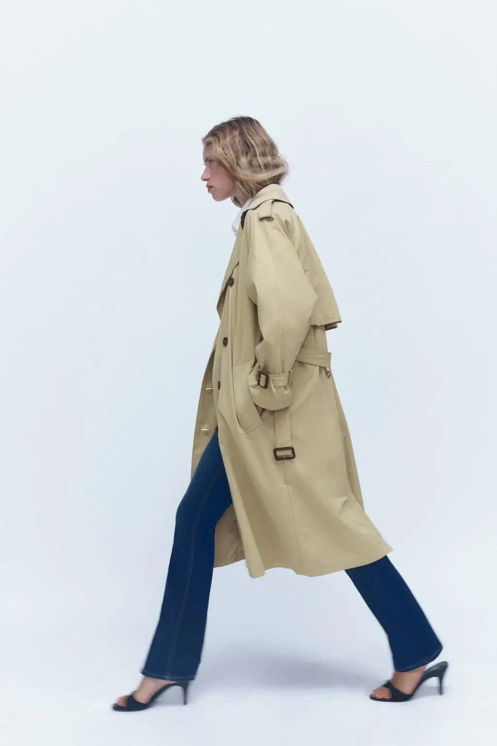 

Autumn 2024 Women's Long Sve Double-Breasted Coat Stand Collar Loose Fit Street Sle Pure Color Mid-Length Straight Cut