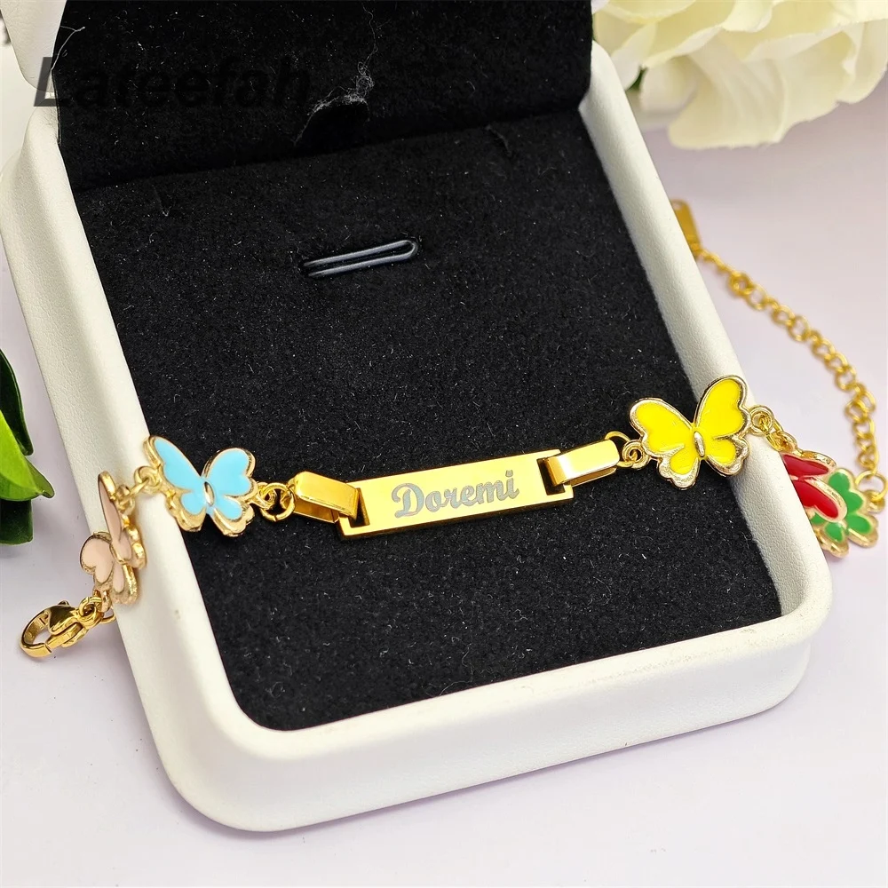 Lateefah Wholesale Custom Kids Engraved Baby Name Blank Bar Bracelet Colorful Enamel Butterfly Charm DIY Name Bracelet