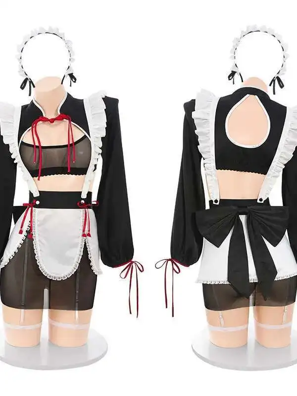 Feimu Style National nouveau charme femme de chambre uniforme maille transparente tentation sous-vêtements Sexy Sexy pur désir robe élégante haut doux 34E5