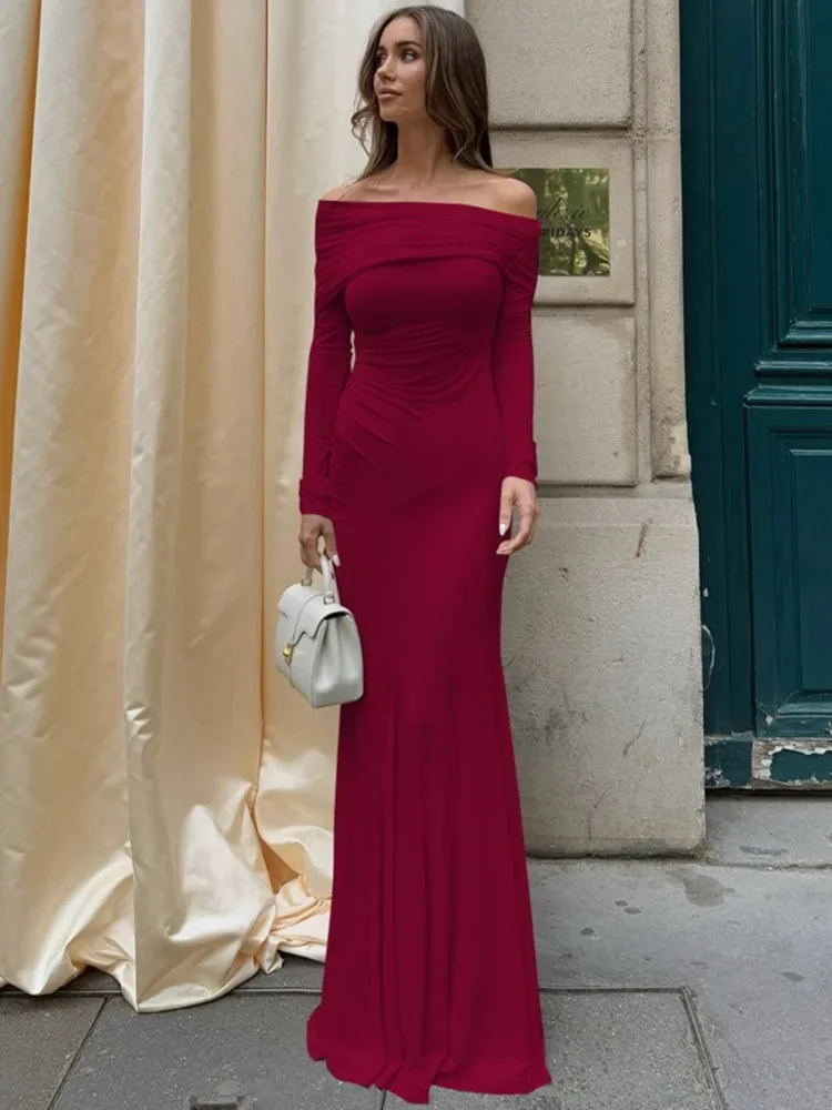 Chaxiaoa ombro inclinado manga longa sexy maxi vestido feminino outono moda sem alças cintura alta ruched bodycon clube vestido longo