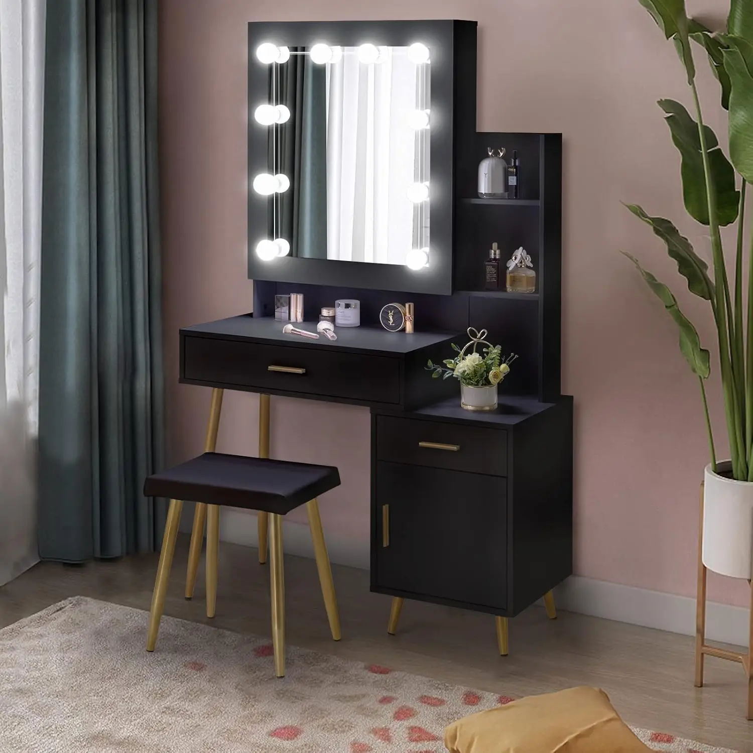 #Black Particleboard Dressing Table Set Drawers Mirror Cabinet Light Bulbs Bedroom Furniture