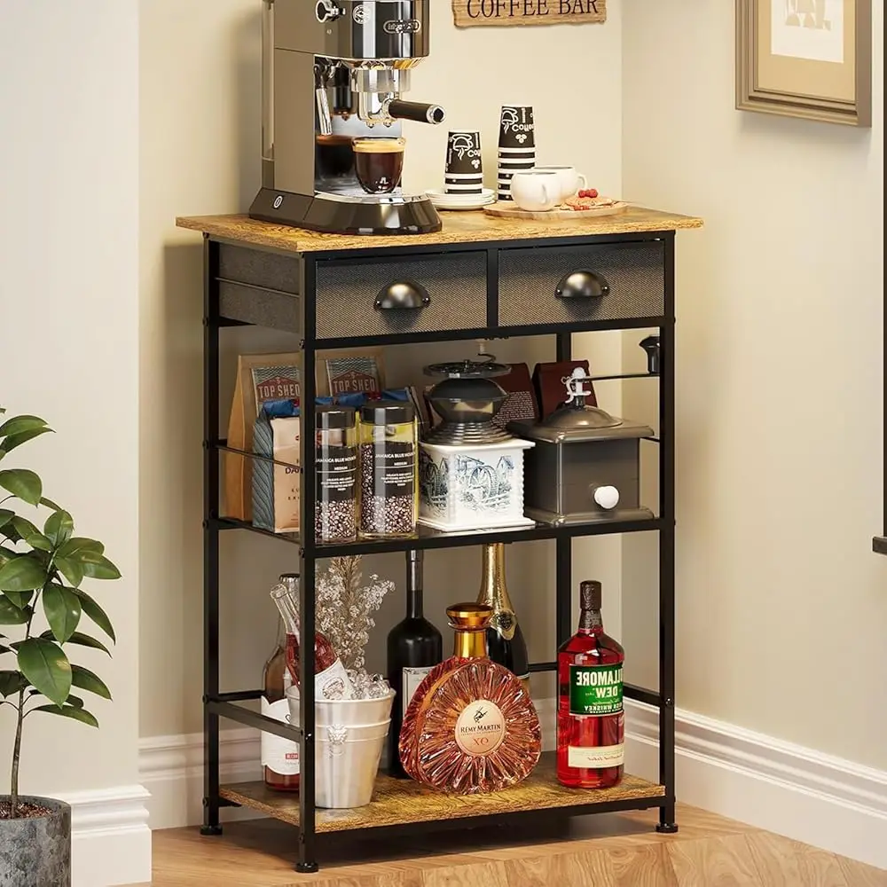 

Coffee Bar Stand Station With 2 Storage Drawers, 3-Tier Farmhouse Corner Coffee Table & Cabinet,Large Acity Coffe Bar Organizer