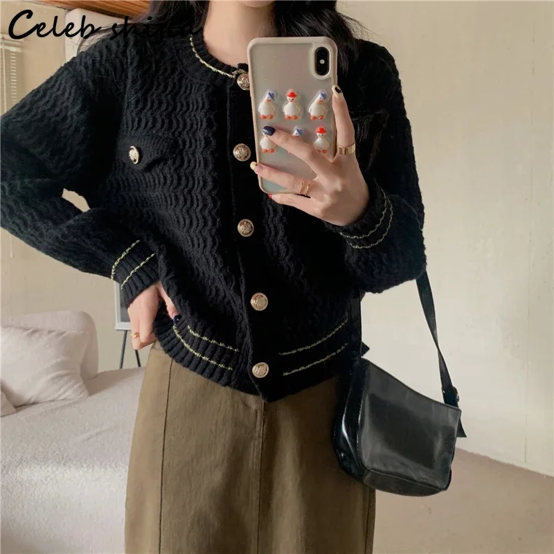 Blue Knitted Cardigan Women Autumn Open Stitch Sweater Coat Female O-neck OL Vintage Winter Clothes Women Korean