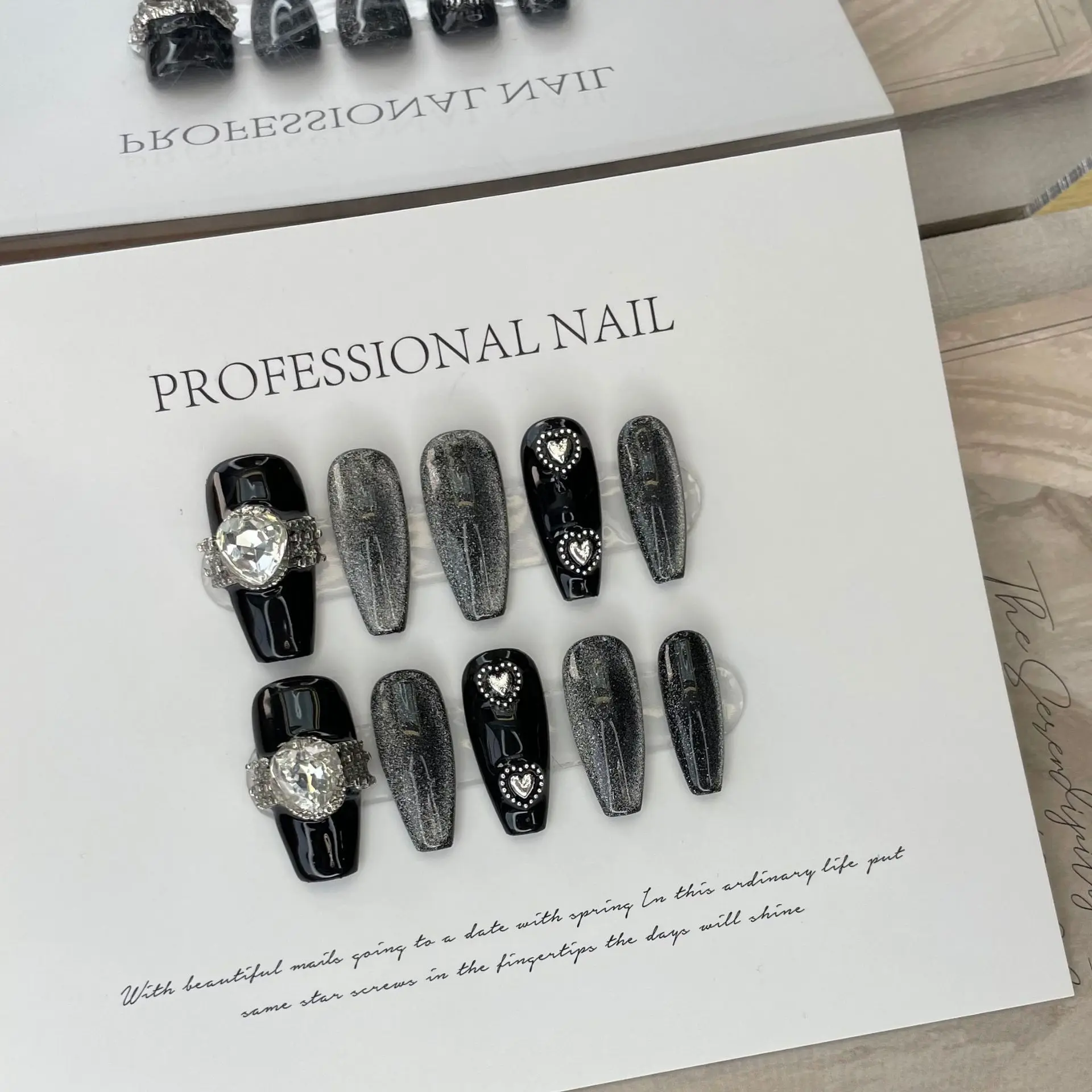 

10 шт.Роскошный ручной работы Y2K Press on Nails Блестящий темно-черный кошачий глаз с блестками Полный кристаллический дизайн Накладные ногти Пряная девушка Носимые ногти