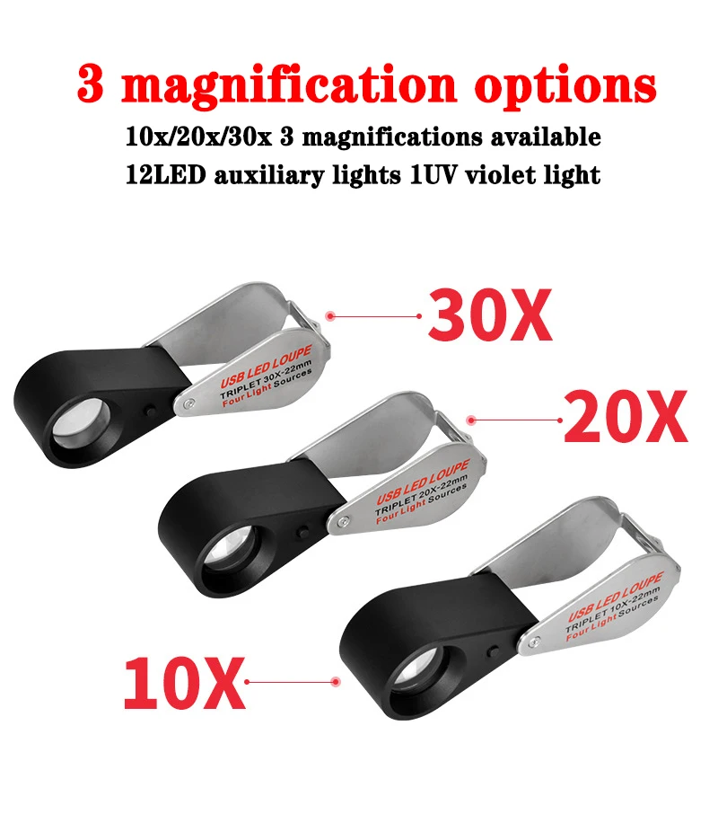 30X Handheld Rechargeable Four-colour Light Source 13LED Magnifier Diamond Jeweler Loupe Necklace GEM UV Lamp Mini Pocket Lupa