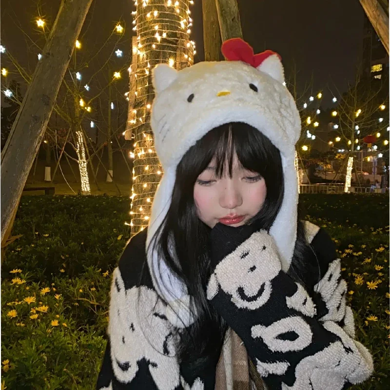 Hello Kitty Plush Hat Cartoon Cute Sweet Soft Girl Autumn Winter Warm Female Three-dimensional Hat Student Kawaii Accessories