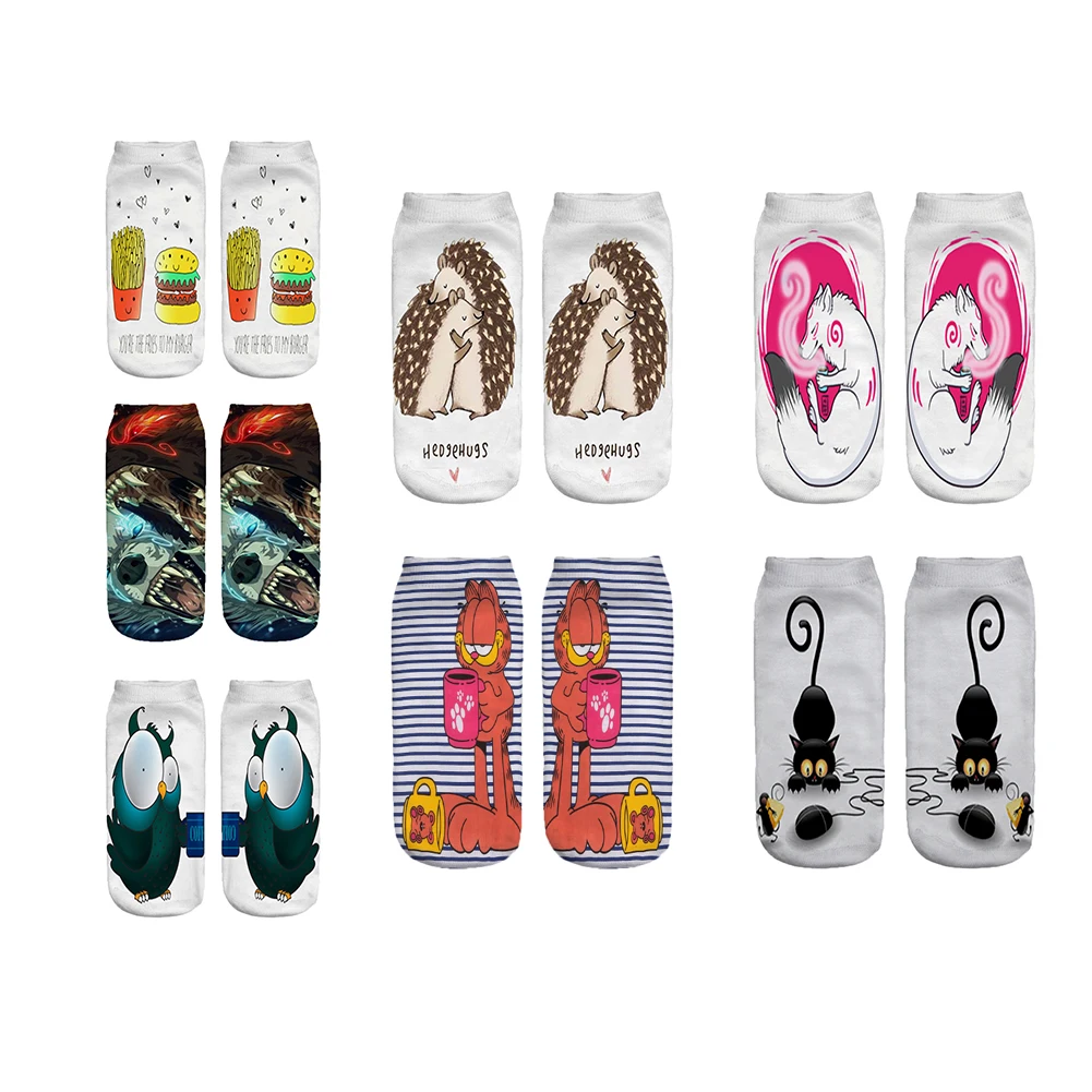 3D Print Low Ankle Sock Women Cotton Cartoon Animal Harajuku Funny Socks Men Couple Hedgehog Printed Spring