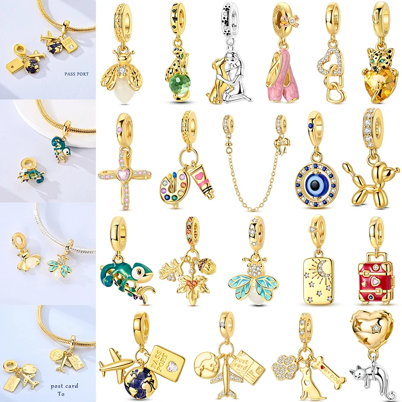

925 Sterling Silver Golden Charms Plata De Ley CZ Zirconium Luggage Cross Traveling Dangle Bracelet DIY Jewelry Gifts