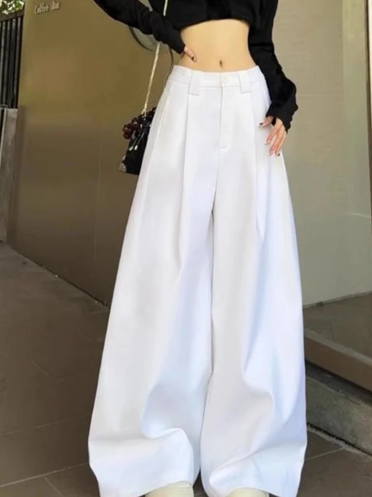Zoki Chic สีขาวชุดกางเกงขากว้างผู้หญิงเกาหลีสูงเอวกางเกงแฟชั่นหลวมสบายๆฤดูร้อนหญิงกางเกงใหม่