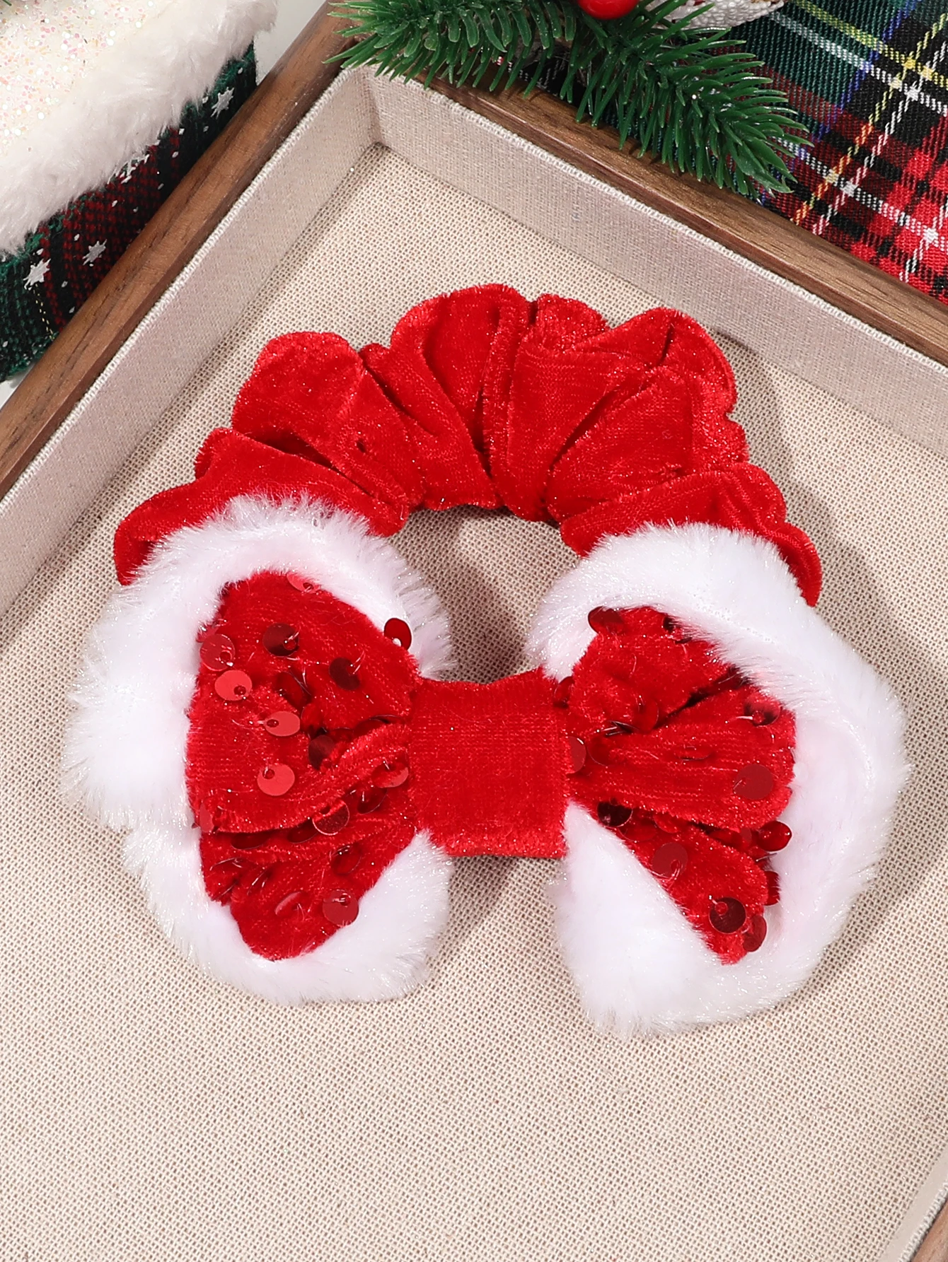 1 Pcs Christmas Bow Hair Scrunchies,Elastic Velvet Hair Bands Fuzzy Hair Ties Ropes for Women,Sequin Christmas Hair Accessories