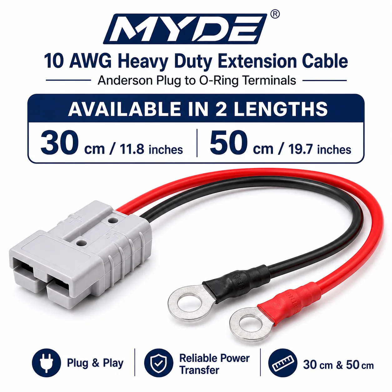 

10 AWG Heavy Anderson Plug to Ring Terminal Battery Power Cable 30cm- 50cm