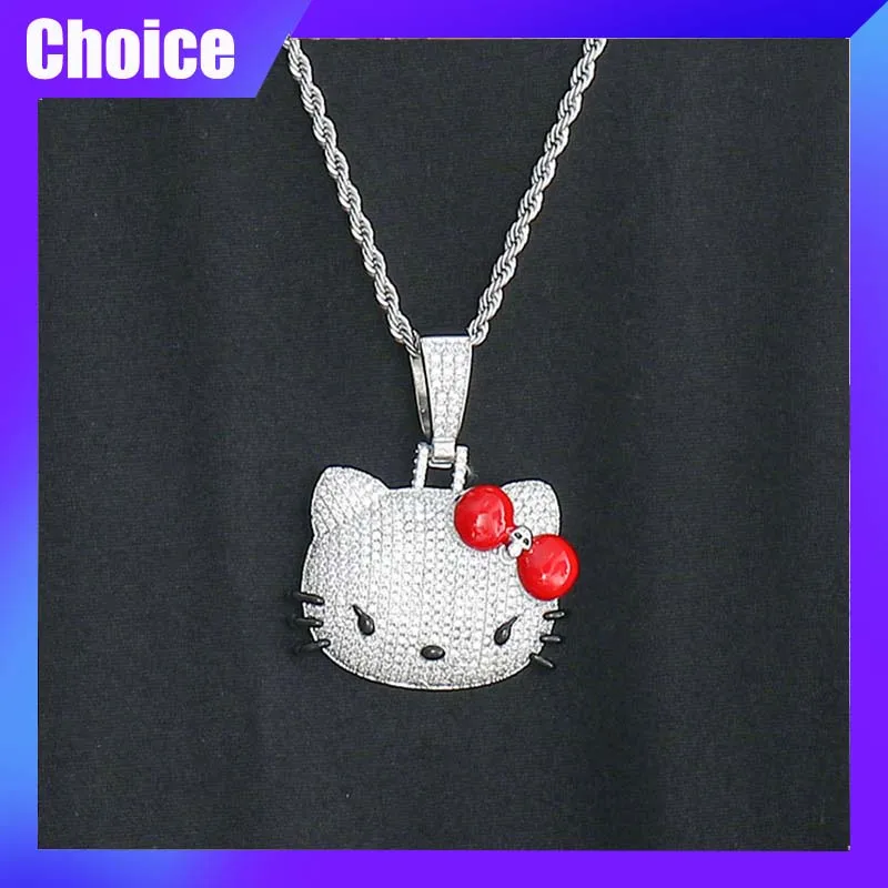 

Sanrio Hellokitty Necklace Anime Anger KT Cat Hip-Hop Pendant Cartoon Kawaii Character Fashion Jewelry 5A Zircon Women Gift
