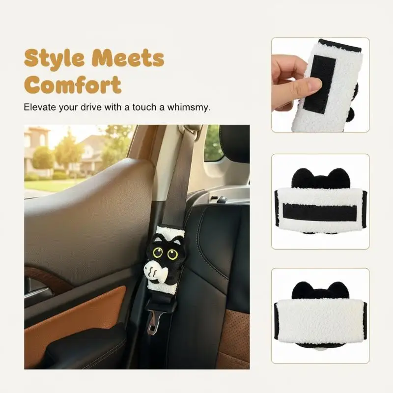 Car Shoulder Pad Cover 1PCS Black Cat & Fish Decorative Anti-Friction Seatbelt Protector for Car Interior Styling