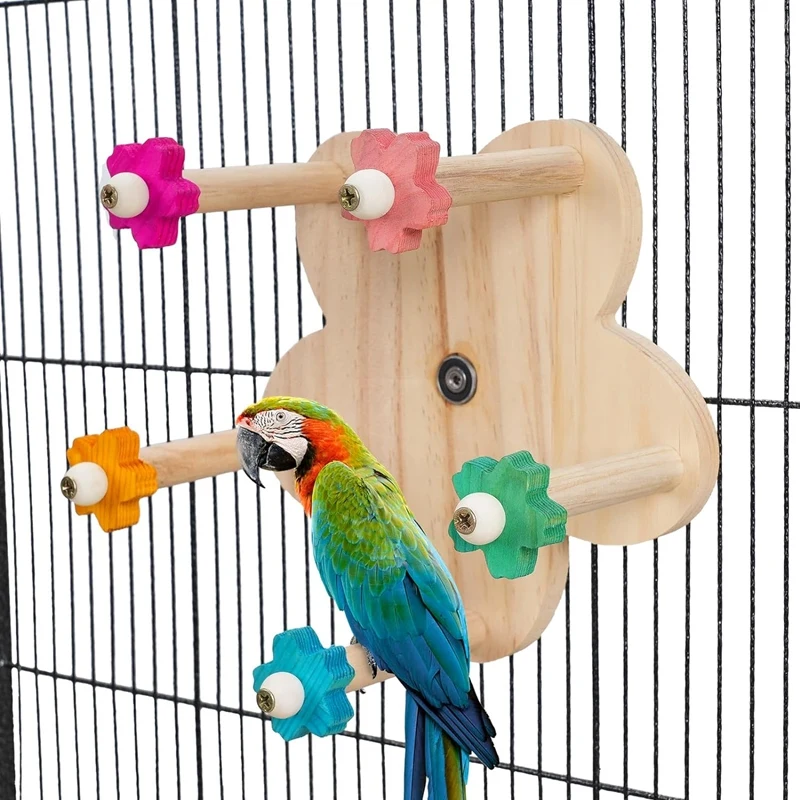 Bird Toy Rotating Perch Toy, Wooden Parrots Wheel Toy with Perches, Hanging Bird Stand Cage Accessories-A51M