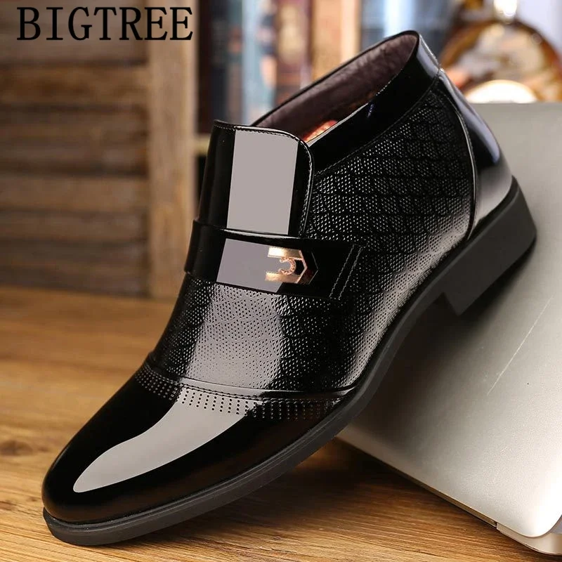 Size 38-44 Black Brown Business Shoes Mens Dress Boots Office Shoes Men Classic Patent Leather Winter Boots Men Formal Shoes