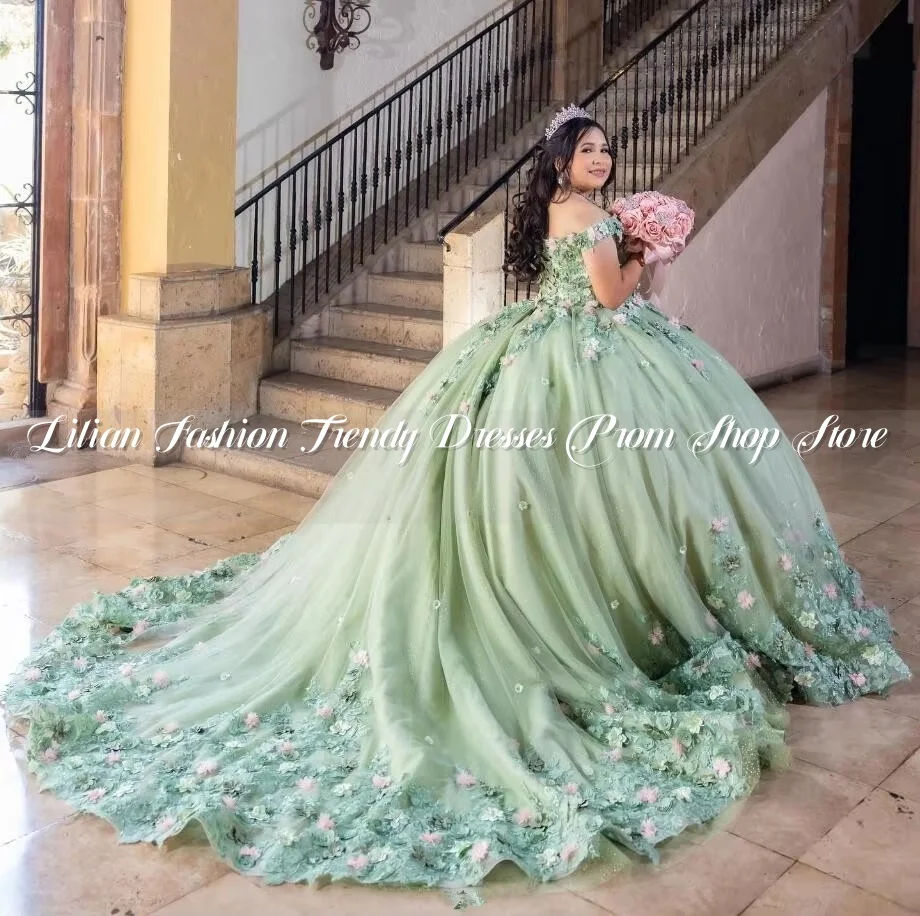 Mintgroen Prinses Quinceanera Jurken Off Schouder 3D Bloemen Applique Gezwollen Korset Aangepaste vestidos de 15 jaar quinceañeras